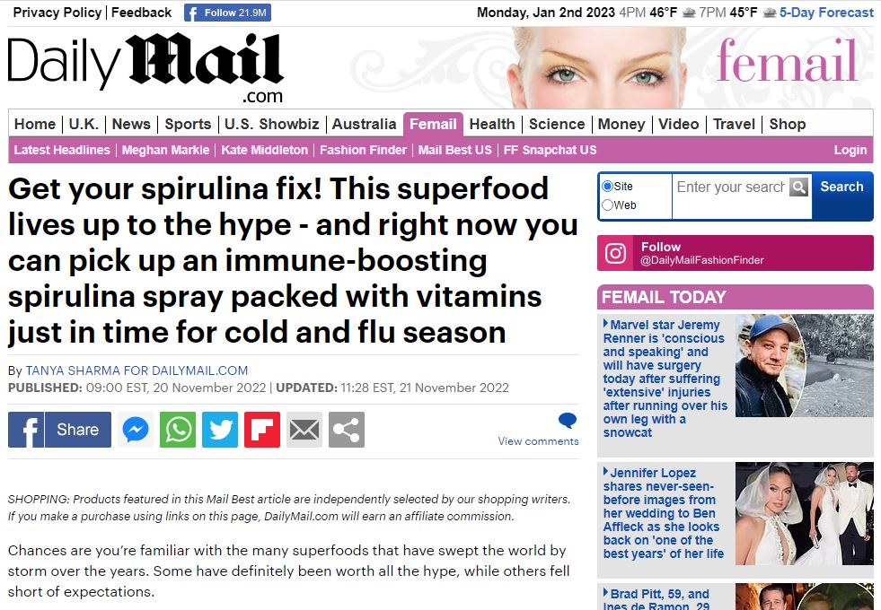 Get your spirulina fix! This superfood lives up to the hype - and right now you can pick up an immune-boosting spirulina spray packed with vitamins just in time for cold and flu season