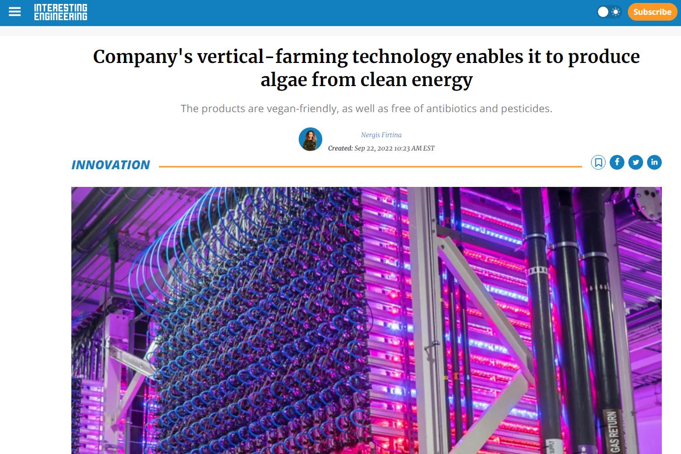 Company's vertical-farming technology enables it to produce algae from clean energy